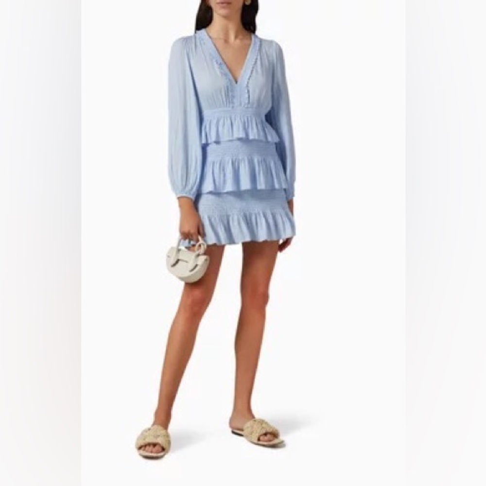 Maje blue Roulitana tiered long sleeve v-neck cinch dress size 40 or large